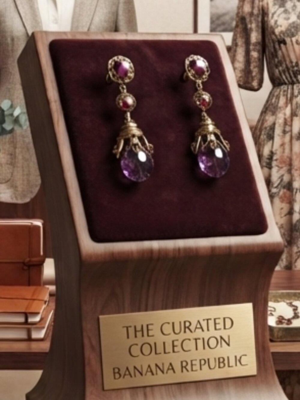 Banana Republic Vintage-Style Purple Crystal & Brass Dangle Earrings